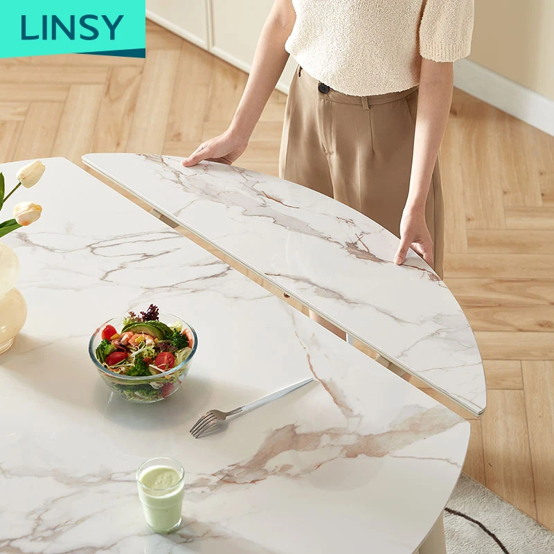 Linsy Folding Round Table Simple Household Extendable Stone Slab Wood Dining Table Set with 4/6 Chairs