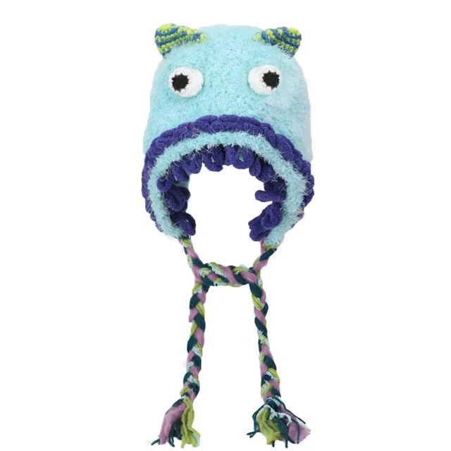 2024 Spot wholesale new cartoon cute plush ear protection little monster knitted hat personality fashion handmade wool hat