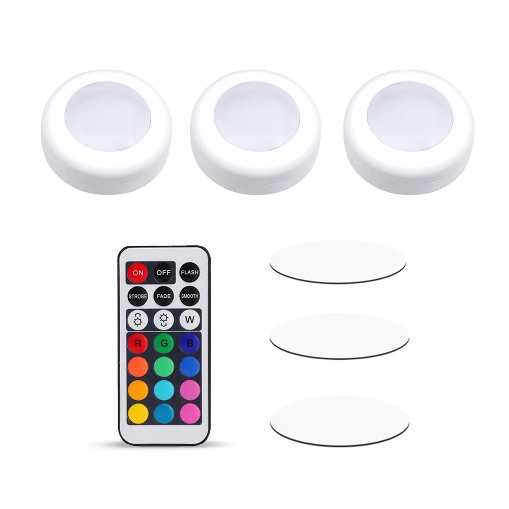 
Wireless RGB RGBW LED Puck Light with Remote Control Under Cabinet Closet Light Stick On Lights For Kitchen Wall Wardrobe 