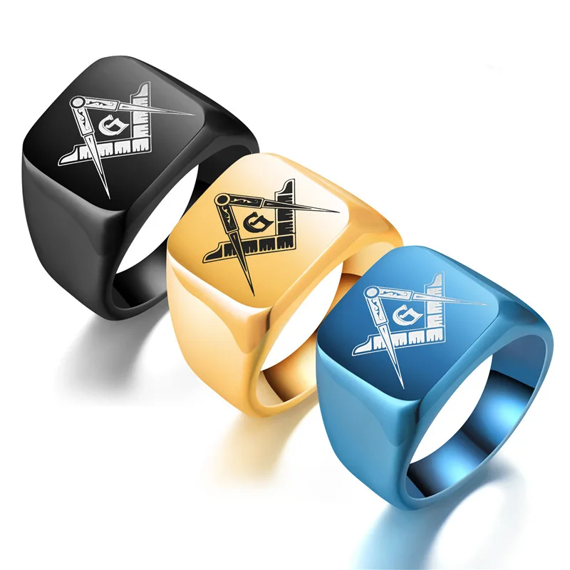 Fashion Jewelry Black Laser Engraved Freemasonry Mason Logo Ring Stainless Steel Men Rings
