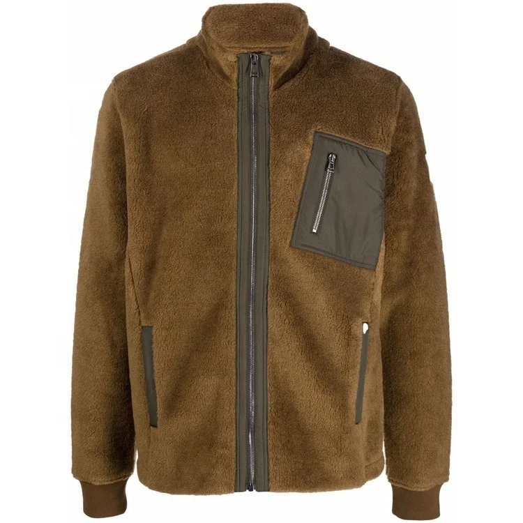 OEM custom logo stand collar  full zip up fleece winter outdoor shearling sherpa jacket for men