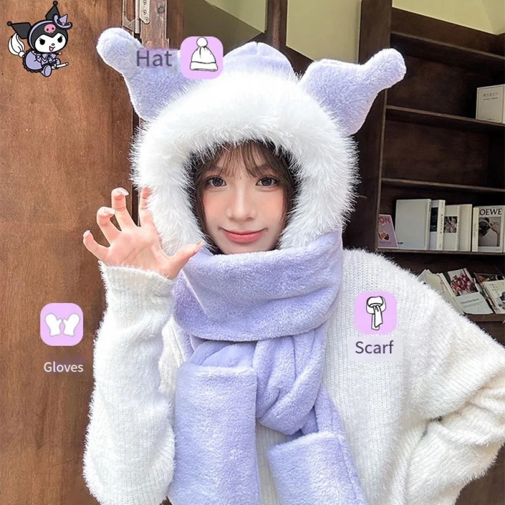 Kawaii Sanrio Kuromi Plush Hat Scarf & Glove Set Thicken Winter Cartoon Anime Set Soft Cute Sweet Girl Student Christmas Gift