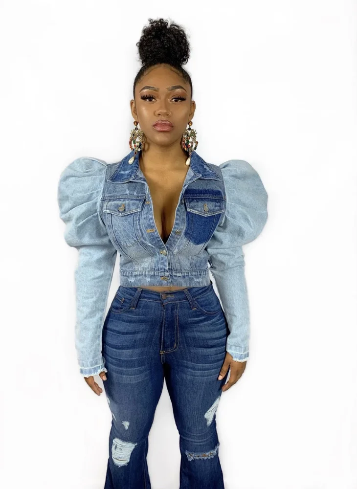 
LA3145 Fashionable solid color long-sleeved fashionable denim blouse for women 