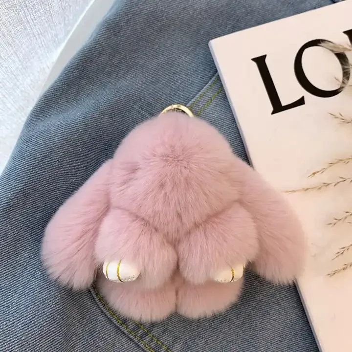 Custom Hot Sell Wholesale Pom Poms Plush Key Chains Real Rabbit Fur Cute Keychain Fluffy Furry Fuzz Keyrings