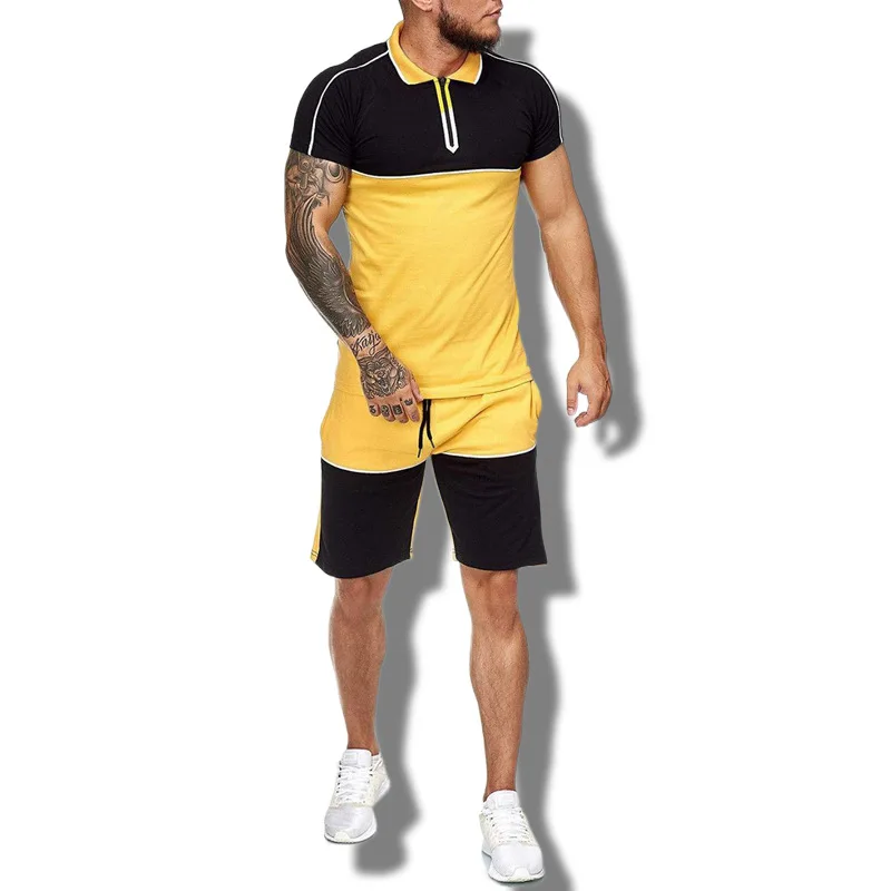 Hellosport Summer Plus Size Streetwear Patchwork Short Joggers Tracksuit Suits Two Piece Shirt And Shorts Sets For Men