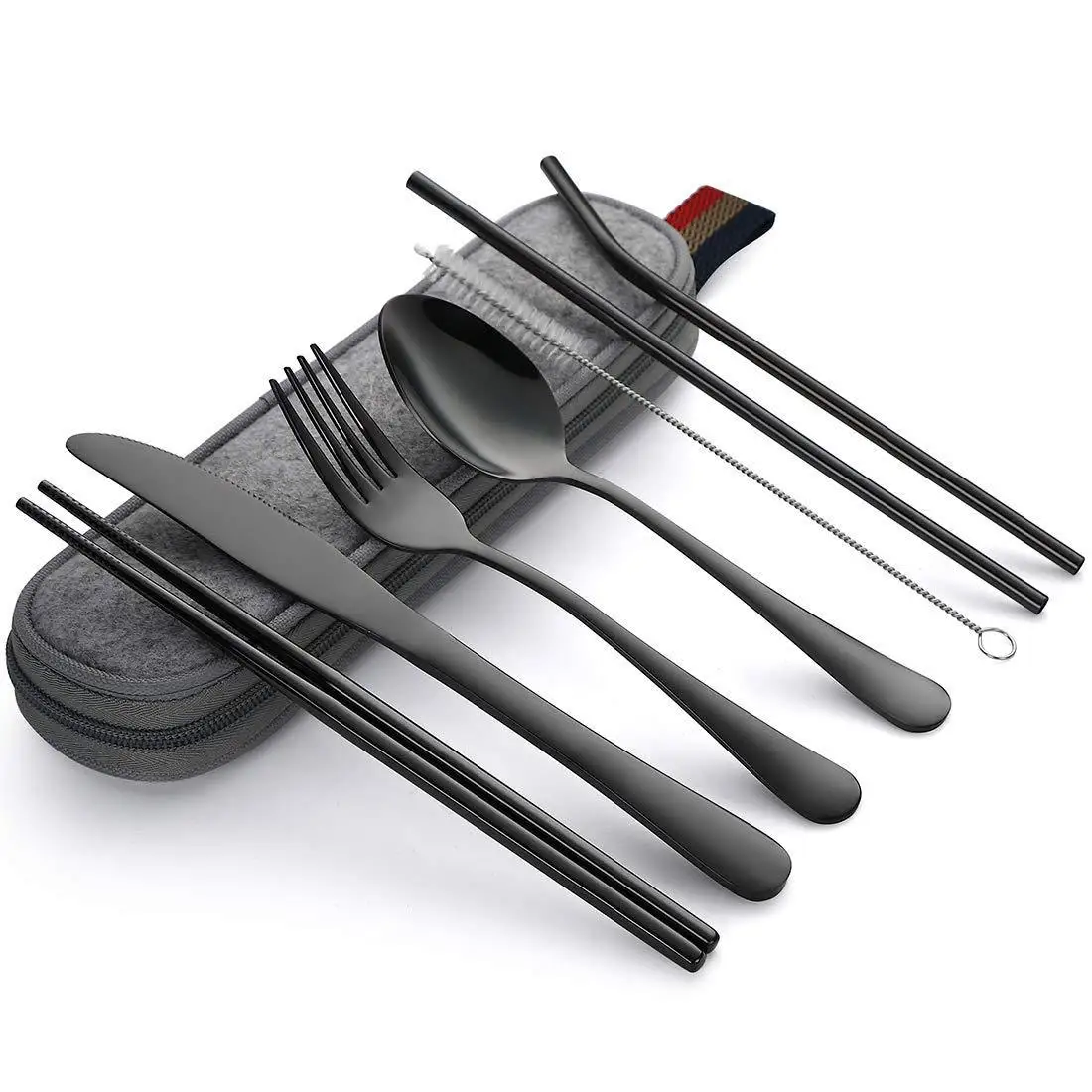 Portable Utensils, Travel Camping Cutlery Set, 8-Piece including Knife Fork Spoon Chopsticks Cleaning Brush Straws ( Black)