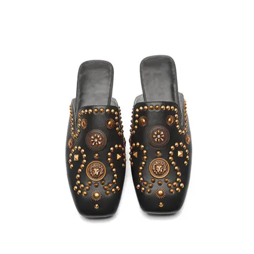 2023 Custom Genuine Leather Mules Manufacturer Casual Flat Mules Gold Rivet Outdoor Flat Slippers Custom Mental Rivet Mules