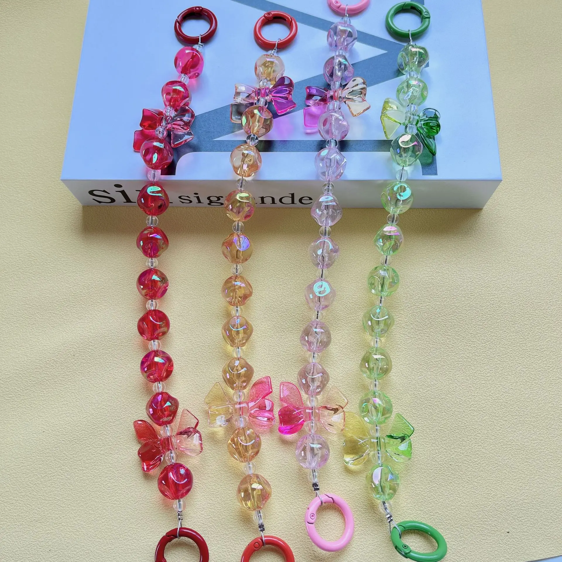 best selling products 2024 Acrylic Keychain Bowknot Beaded Gradient Color Cell Phone Charm Anti Lost Keychain
