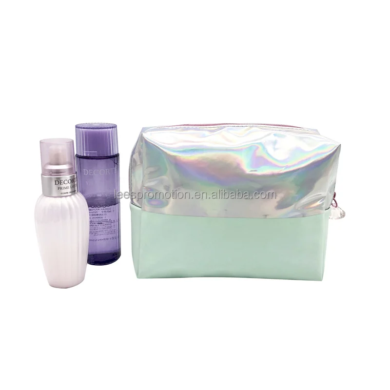 Custom Holographic Shiny Leather Zipper Cosmetic Bag PU Makeup Bag Toiletry Bag for Women