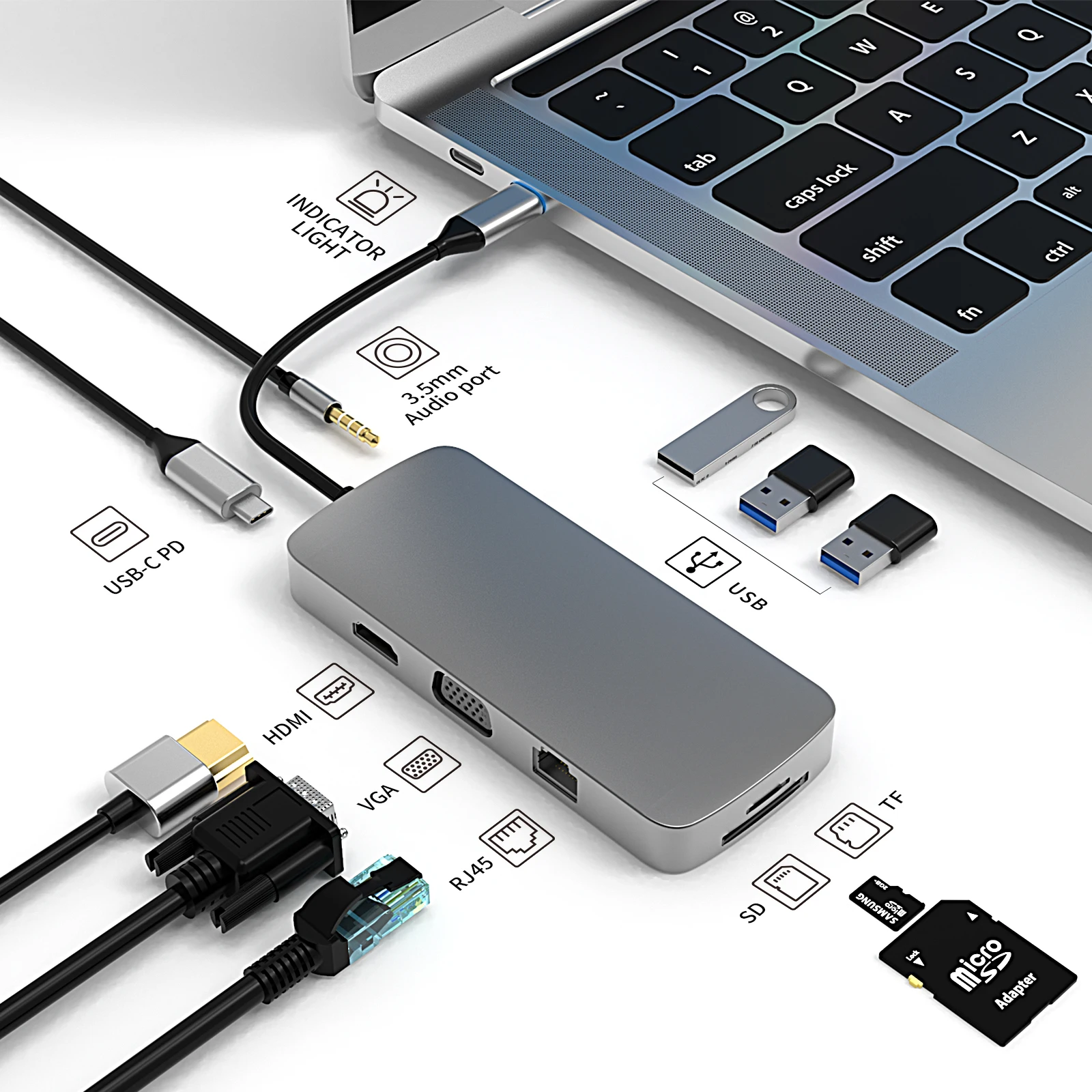 10 в 1 док-станция usb 3 0 типа C для HD-MI USB3.0 USB2.0 * 2 SD TF RJ45 VGA 5 мм аудио USB-C PD серого цвета Лидер