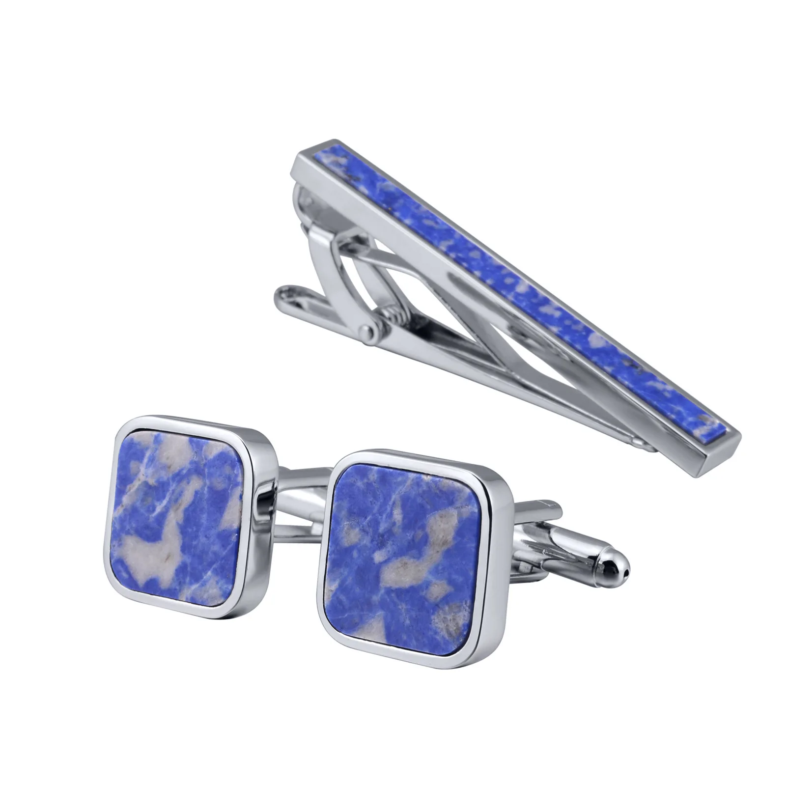 Natural lapis lazuli stone cufflinks tie clips set
