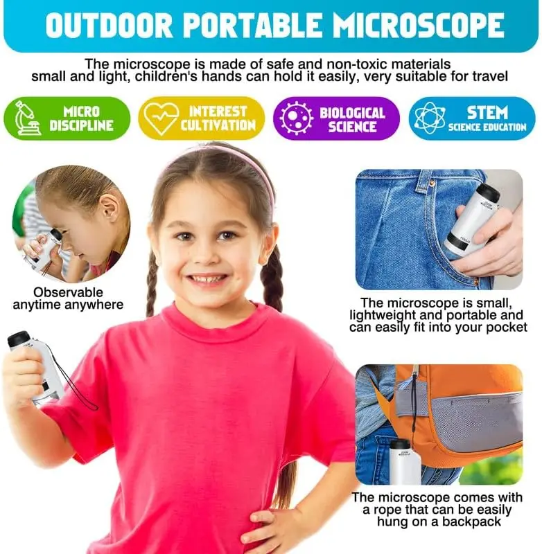 60x-180x Handheld Mini Microscope Kids with LED Lights,Microbiological Observation Lab Study, Educational Kit,Pocket Microscope
