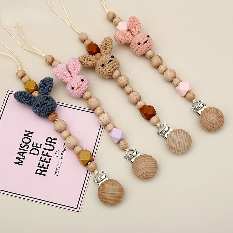 Wholesale Diy Custom Baby Teething Crochet Bunny Silicone Beads Wooden Pacifier Clip