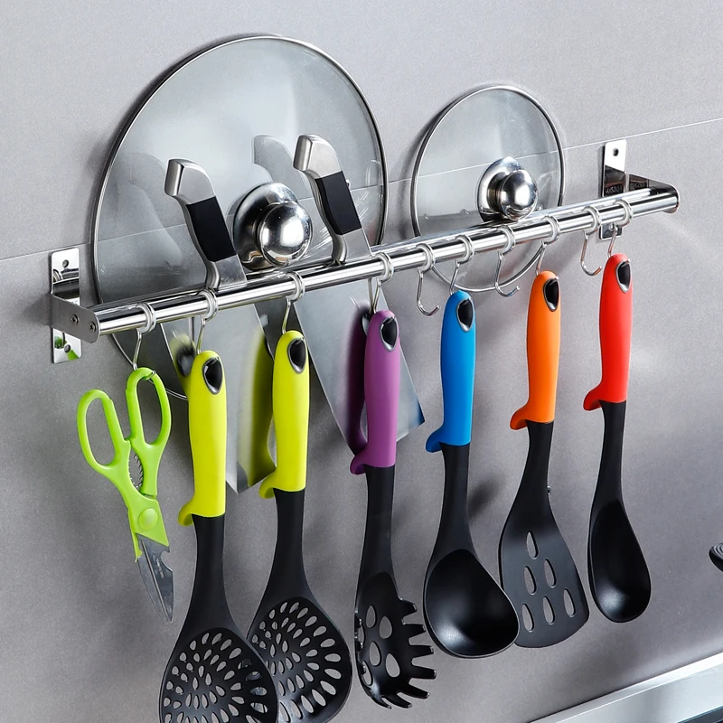 Wholesale Multifunctional Stainless Steel Kitchen Accessories Pan Shelf Wall Pot Rack With Hooks