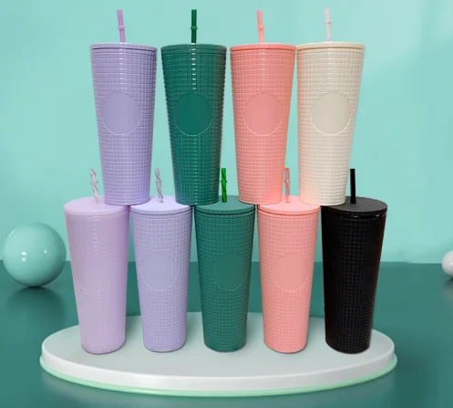 2022 Wholesale Plastic straw Grid corn cup 24oz Double Wall tumbler Cup Custom color logo