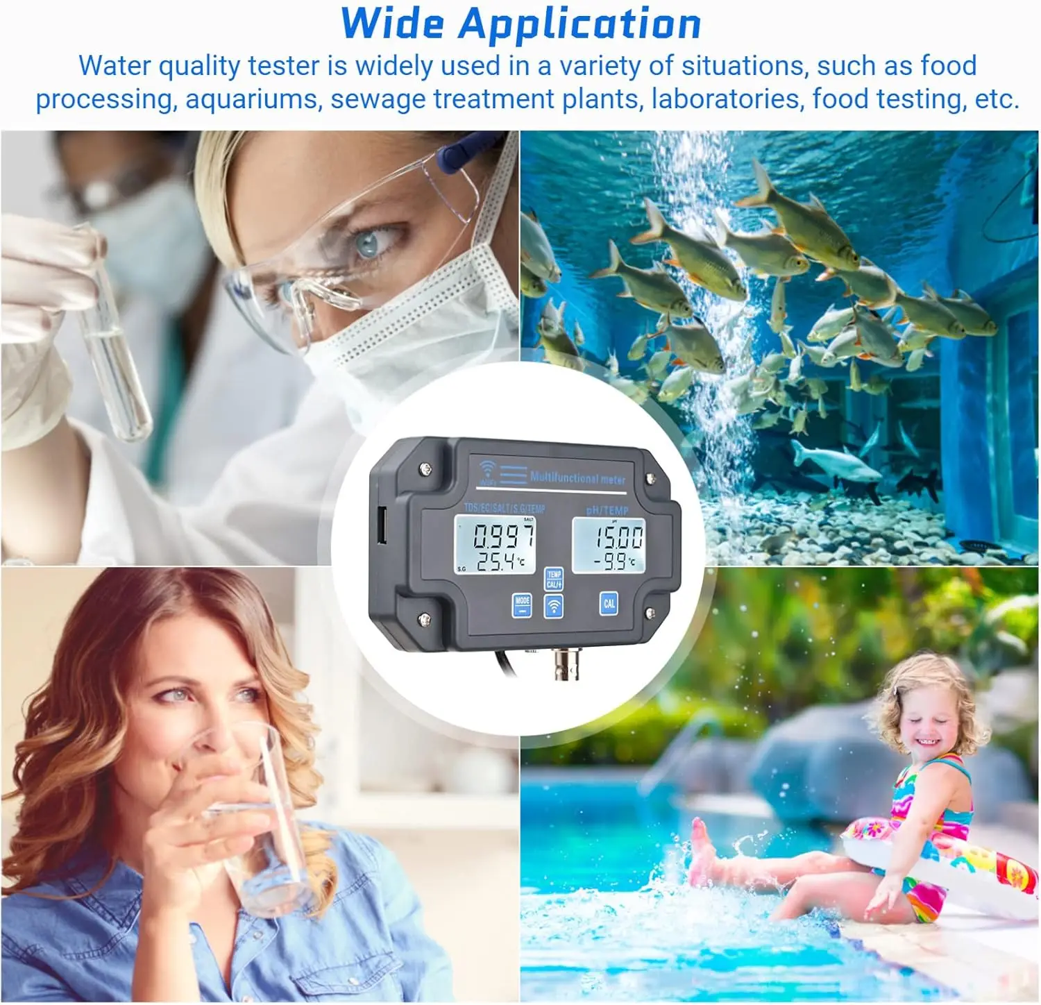 Tuya Smart Wifi Online Water Quality Detector 6 IN 1 TDS EC PH Salinity G.S Temperature Tester PH Meter for Swimming Pool