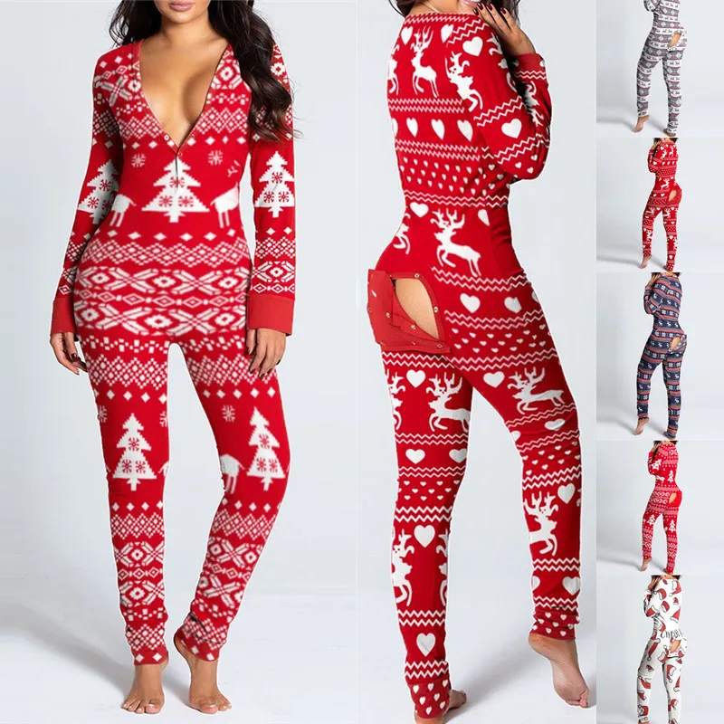 Fashion Christmas Pajamas Custom Print Adult Onesie Christmas Pajamas With Butt Flap Onesies For Women Pajamas
