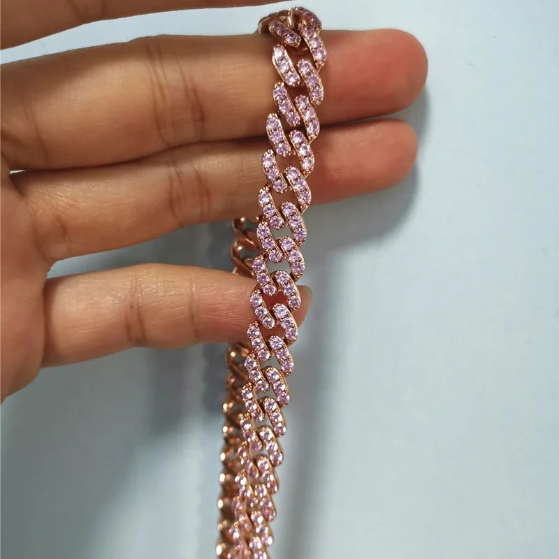 Fashion bling jewelry cz cubic zirconia pink diamond women cuban link chain necklace
