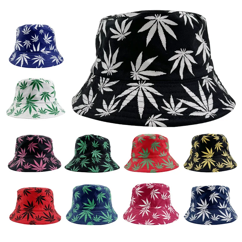 2023 New Designer Fashion Unisex Maple Leaf Printed Reversible Fisherman Caps Logo Custom Printed Bucket Hats Wholesale