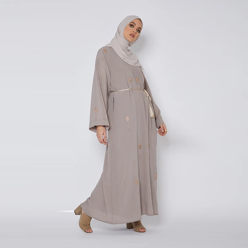 Pyjama Femme Dubai Women Muslim Solid Color Long Sleeve Corset Casual Dress Islamic Ladies Flower Abaya Kaftan