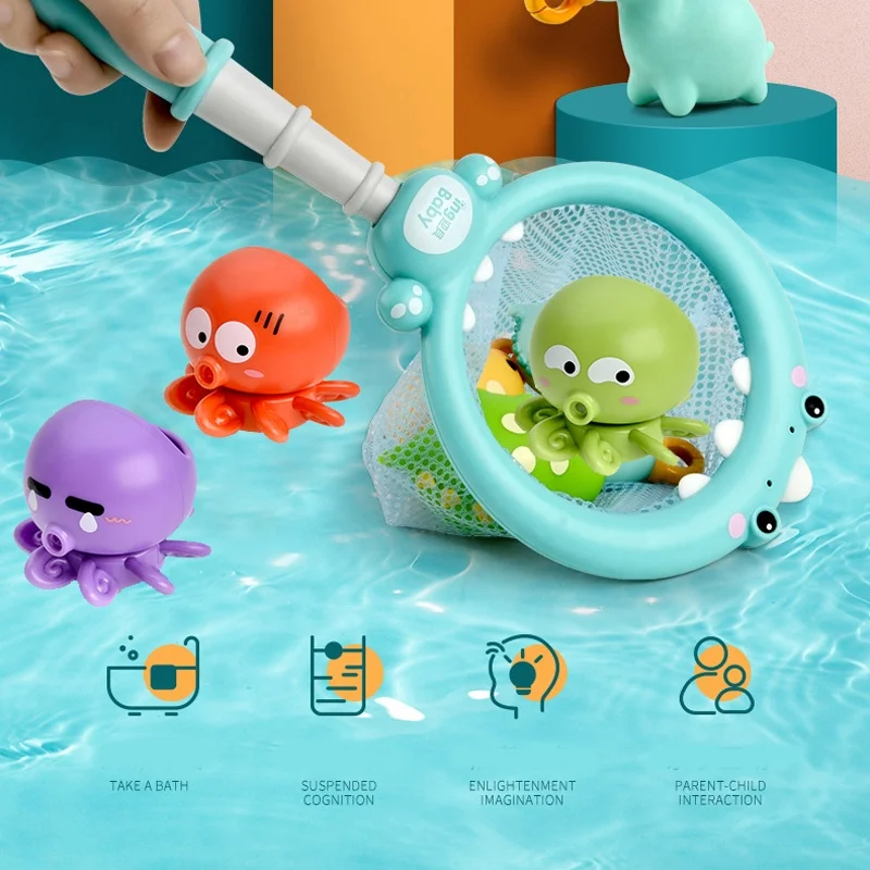 Summer fun kids dinosaur fishing net set bathtub pool fishing bath toy 3 in 1 baby bath time catch octopus shooting basket game