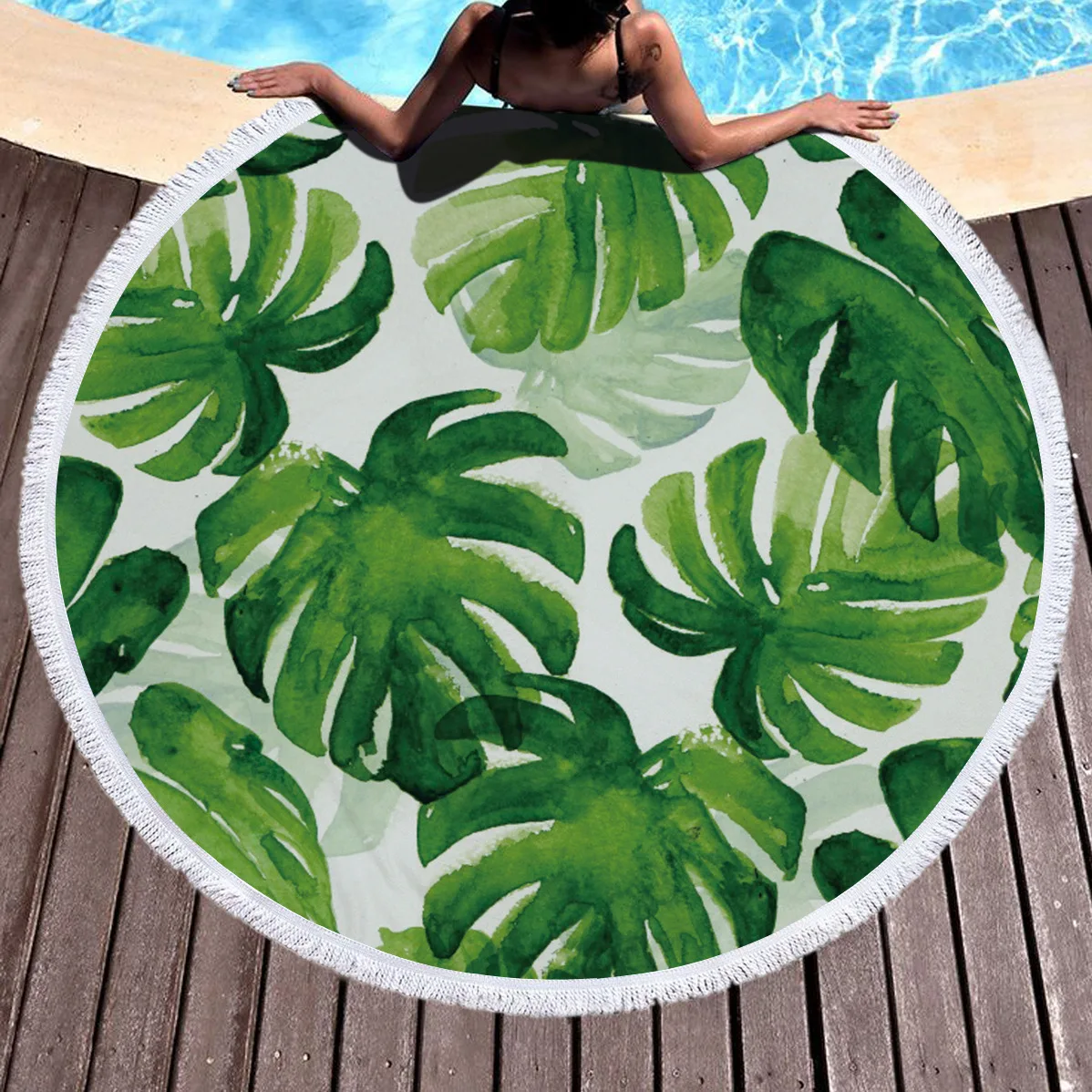 
Round Beach Towel Oversized Blanket Palm Leaves Fruit Print Microfiber Large Round Yoga Picnic Mat Super Water Absorbent Towel 