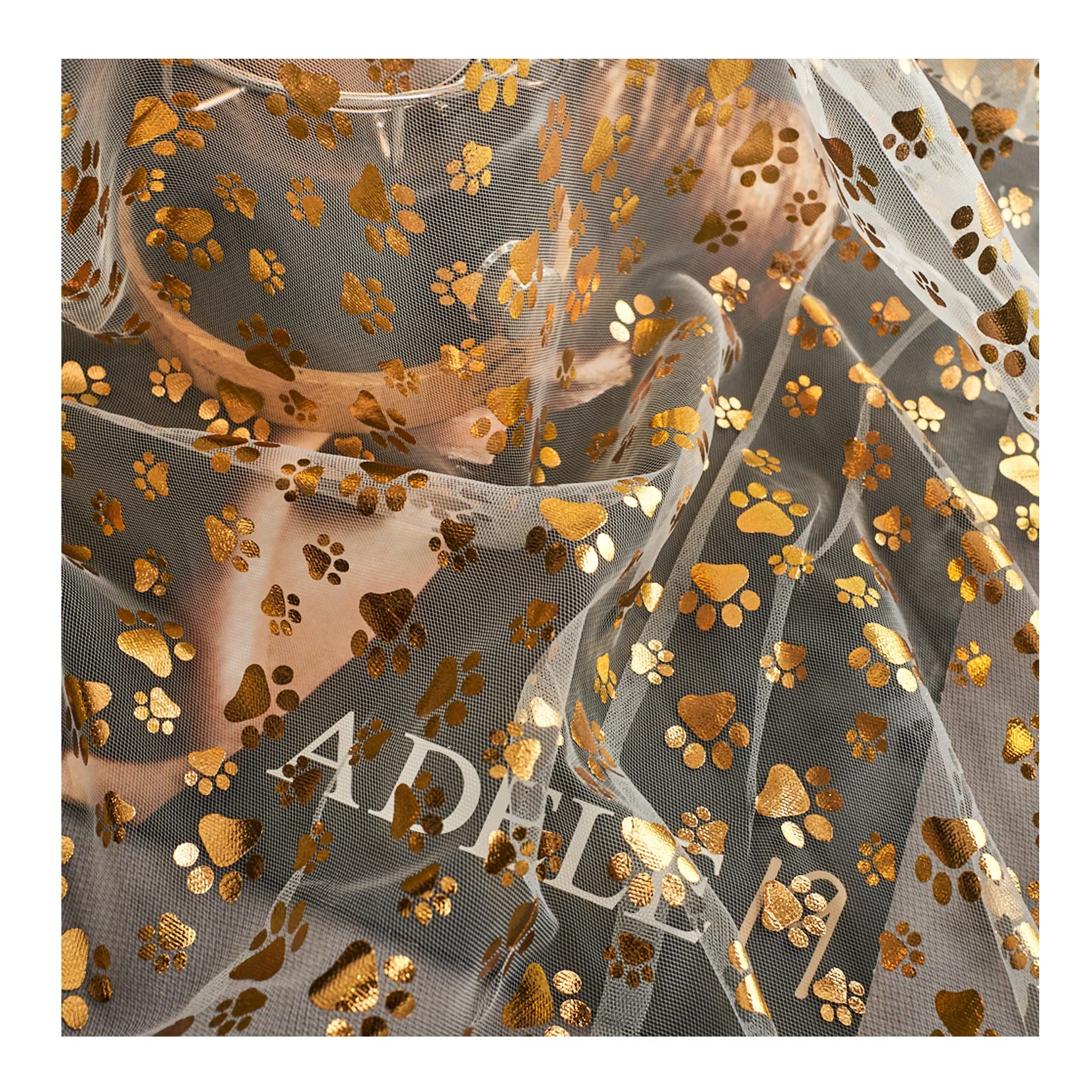 100% нейлоновая серия с золотым принтом «сделай сам» цифровая печать чистая собака треки тюль сетка свадебное платье ткань для украшения