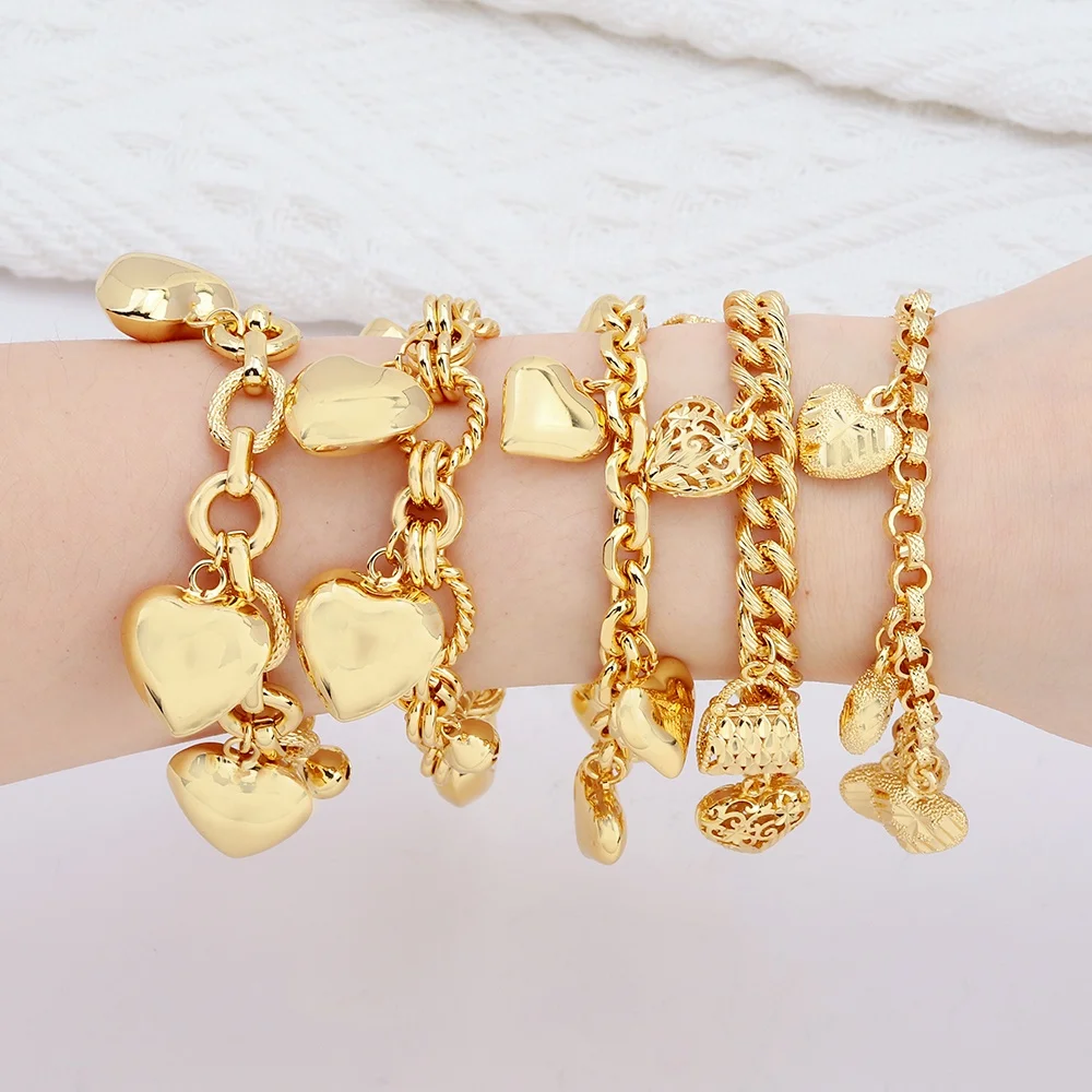 Wholesale price heart charm gold bracelet jewelry copper cuban link chain bracelet for women