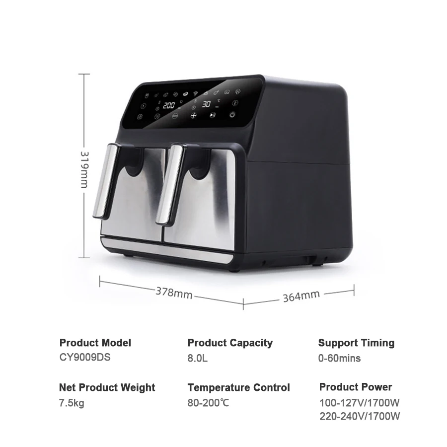 8 L PP+SS Electric 4L + 4L 360 Hot Air 2 Door Double Zone Chamber Baskets Digital Deep Air Fryer Oven with Two Drawer Pot