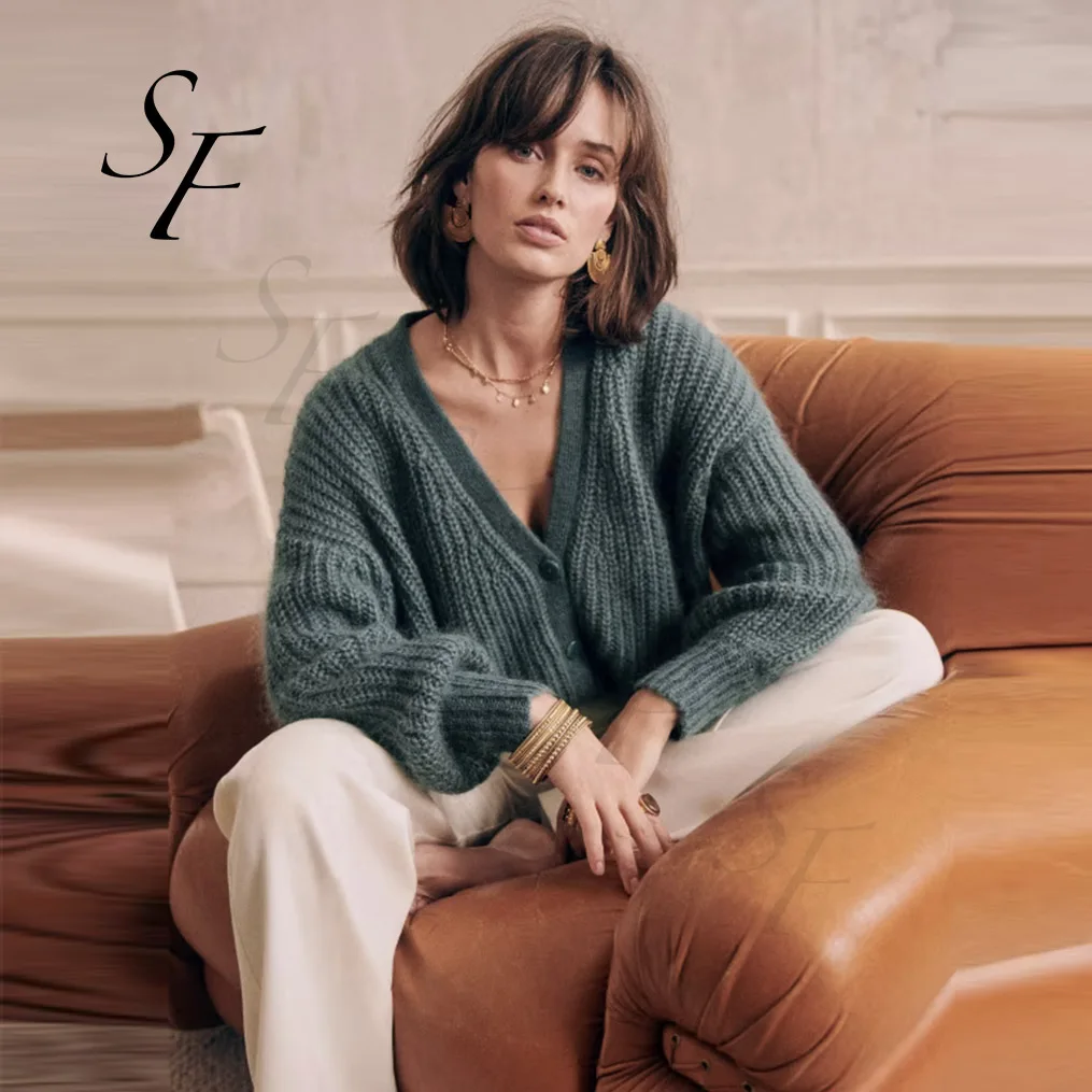 Custom winter mohair wool solid color puffed sleeve beaded rib knitwear sweater sexy V neck knit cardigan for women