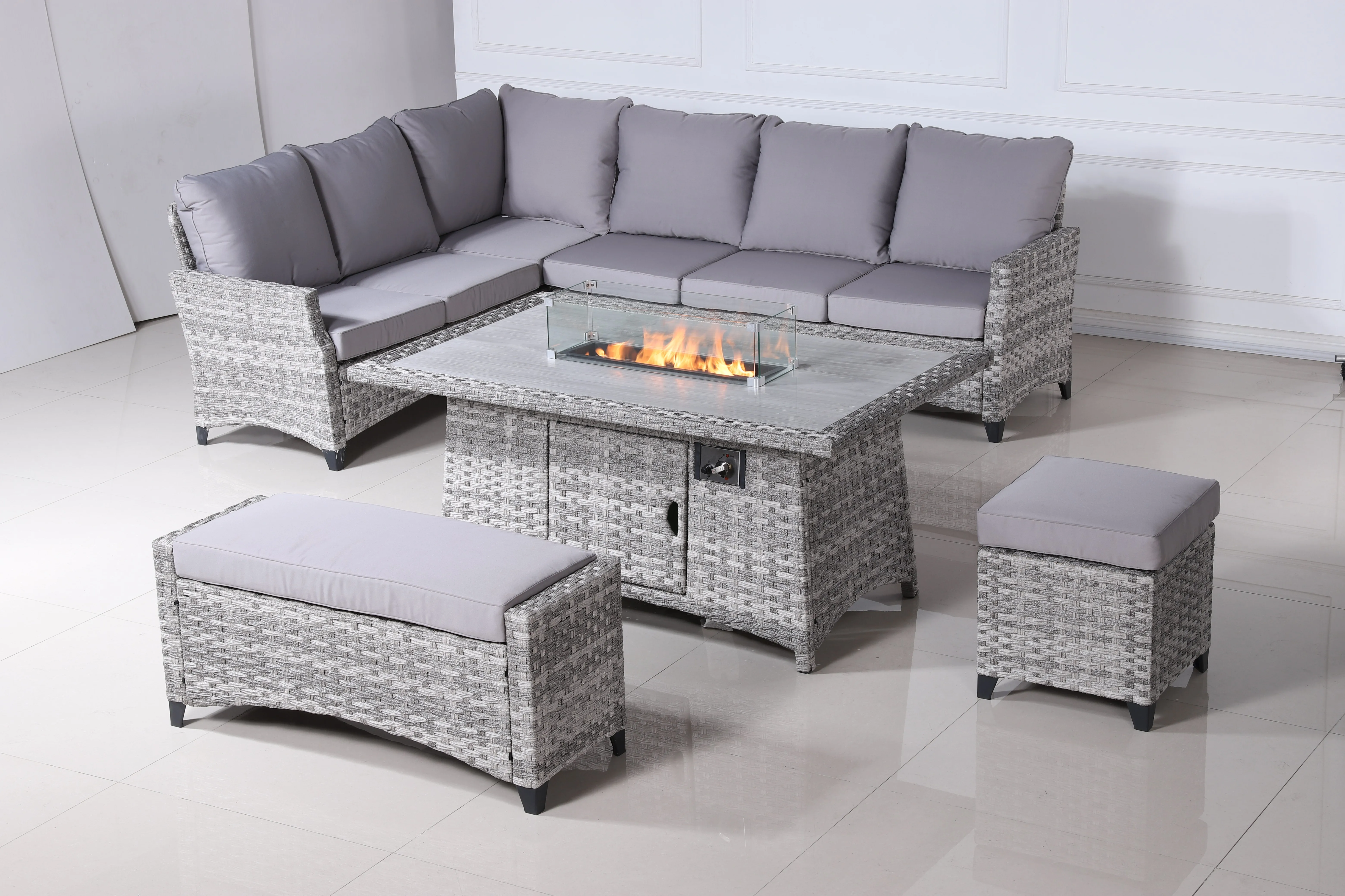 Rattan Furniture Multifunctional Wicker Fire Pit Table Set Outdoor Patio Furniture