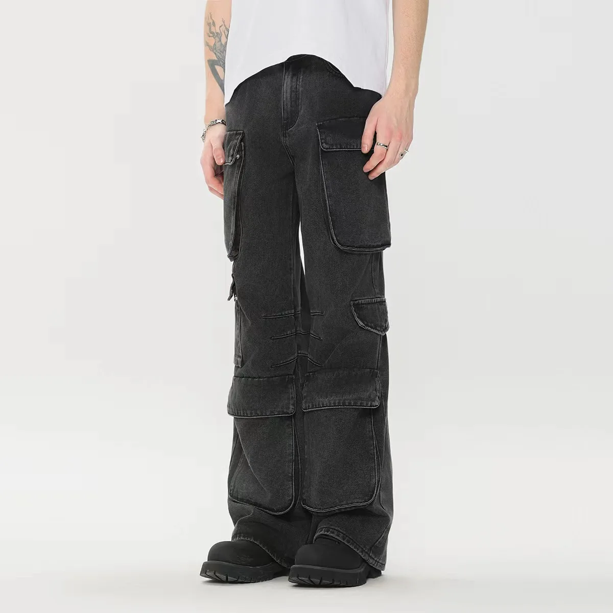 Custom Ready Made Cotton Poly Denim Cargo pants Washed  Wide Straight Leg Fit Jeans  With Multi Pockets In Black Vintage Washed