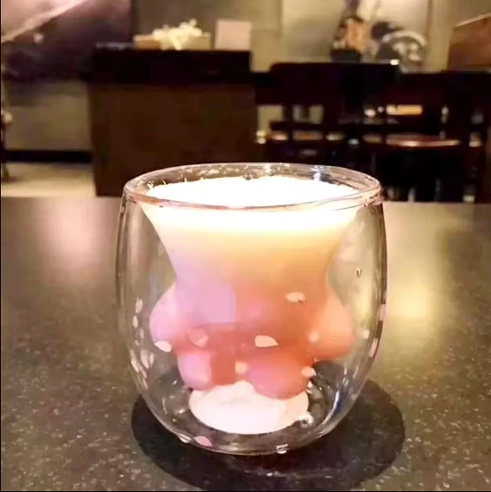 250ML Hot selling creative Double layer creative influence cat paw coffee milk cup cherry blossom glass water cup