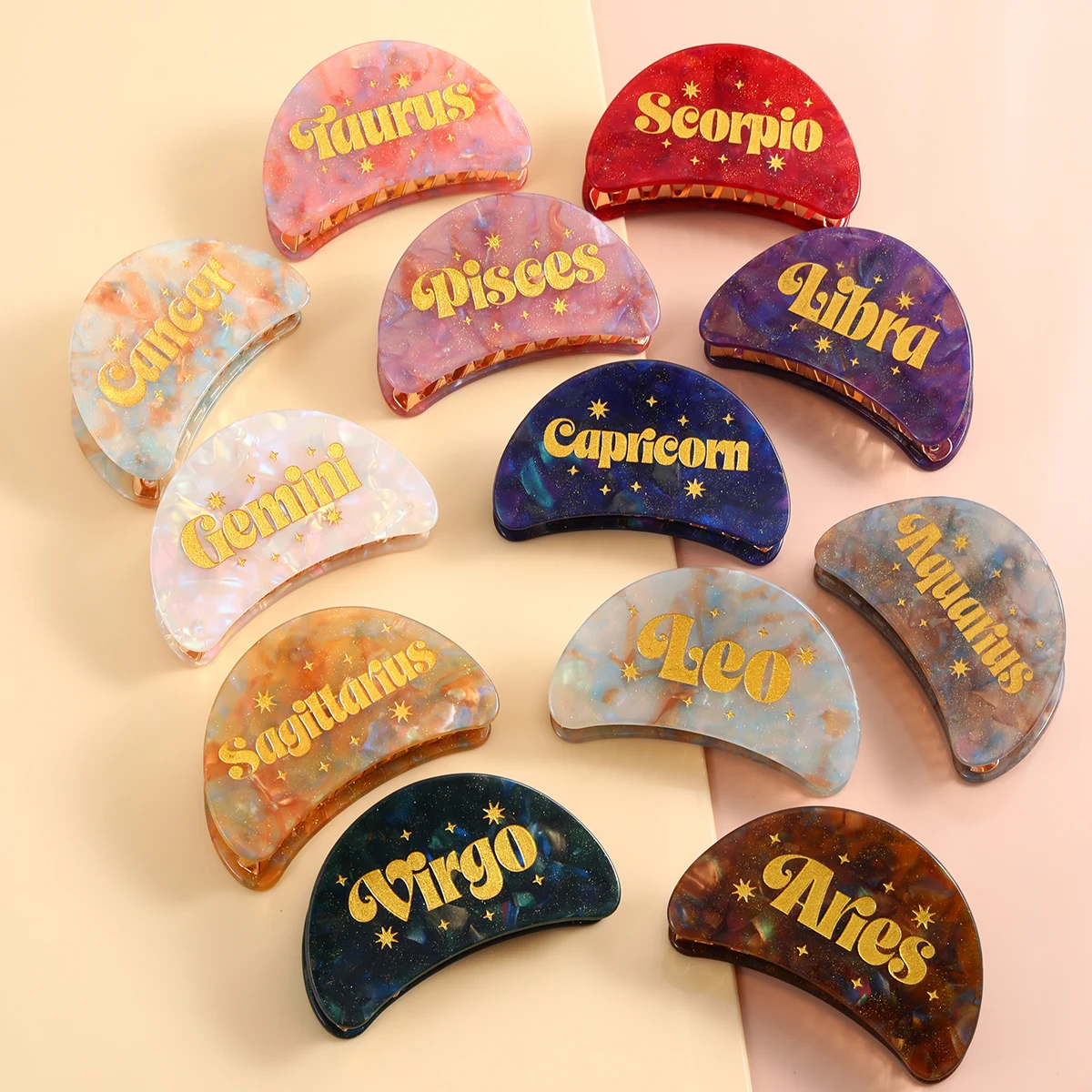 personalised 12 zodiac hair claws Sign glitter retro custom logo hair claw clip for women