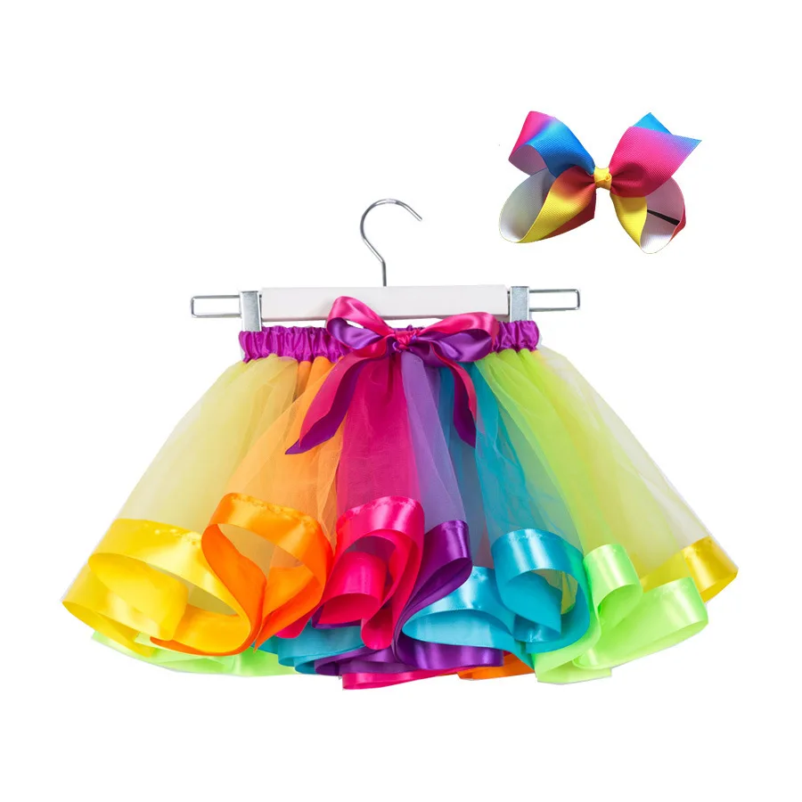 0-8Y Factory Wholesale Soft Tulle Layered Rainbow Tutu Skirts Kid Girl Mini Skirt With Ribbon Children Kids Ballet Petticoats