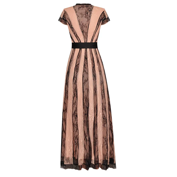 
V Neck Short Sleeve Contrast Color Perspective Lace Stitching Lace Up Waist Elegant Long Dress 