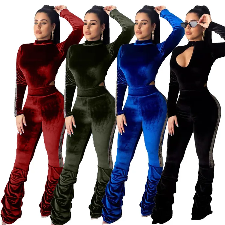 C91925 wholesale ladies velour two piece set longsleeves jumpsuit plus long bottoms 2 piece clothing set winter 2020