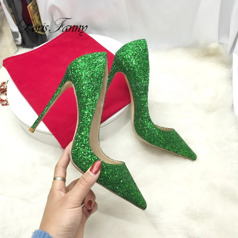 Hot selling green Glitter heels ladies shoes heel elegant Closed toe women stilettos  party Wedding shoes bridal heels size 43