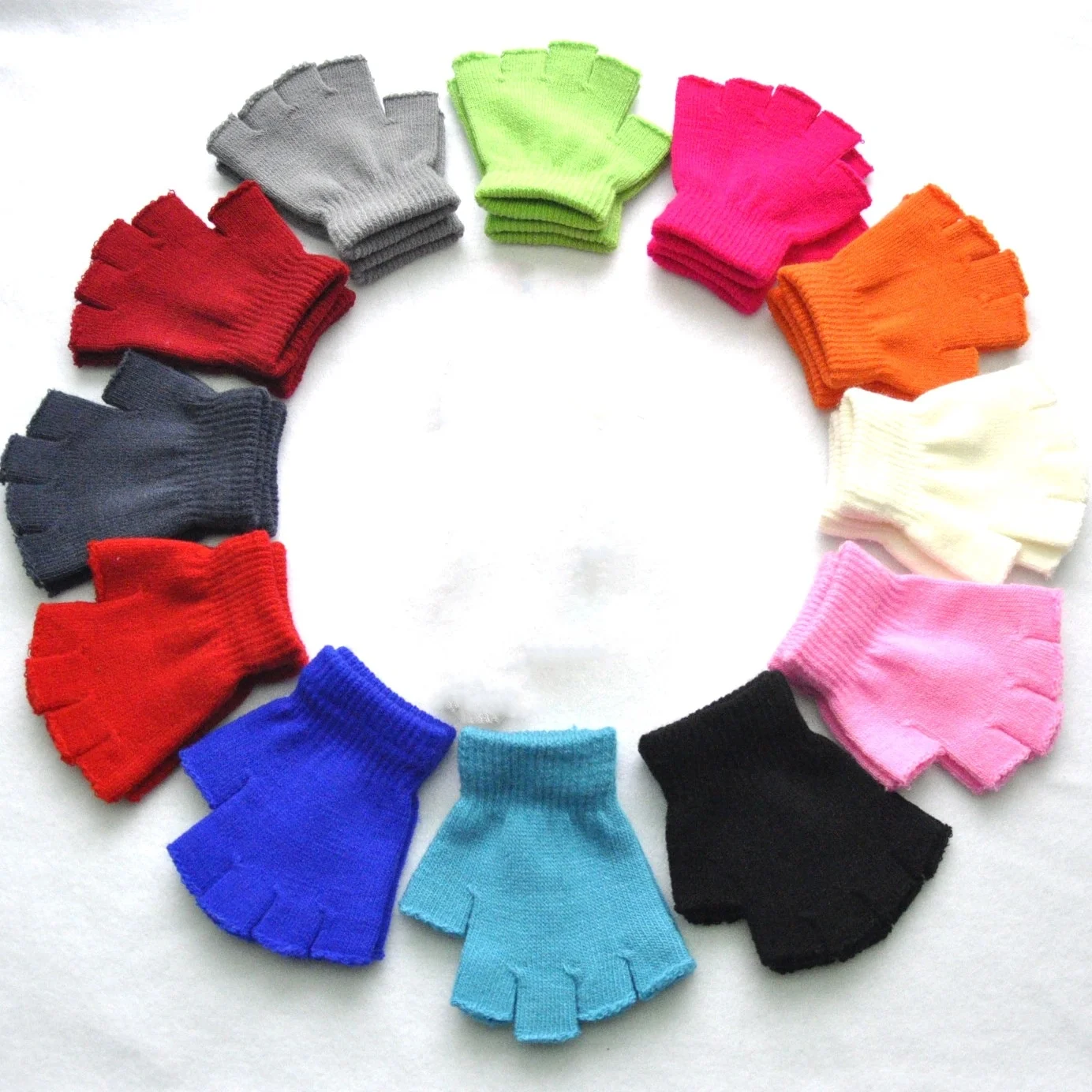 Fingerless Kids Gloves Half Finger Mittens Winter Solid Color Knitted Typing acrylic Gloves for Boys and Girls 5-11 Years