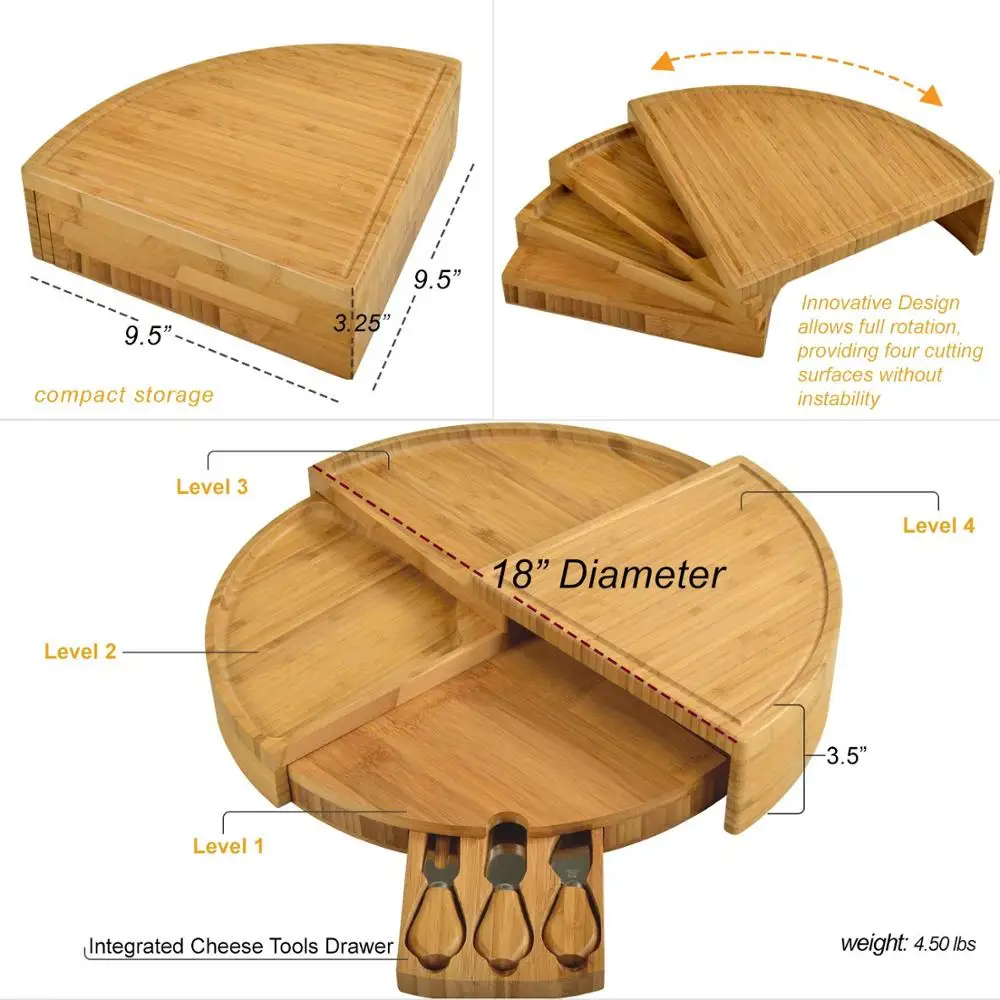 Trade assurance Round Shape 4 tiered Bamboo Cheese Board cutlery with 3 knives set intergrated cheese tools drawer