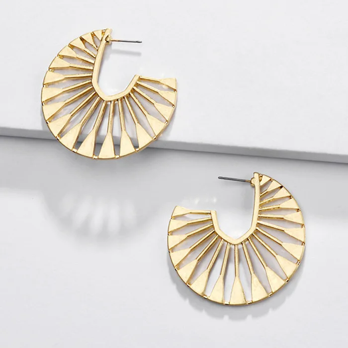 Fashion gold plated statement chunky hoop earrings jewelry custom geometric hollow out fan earrings for women