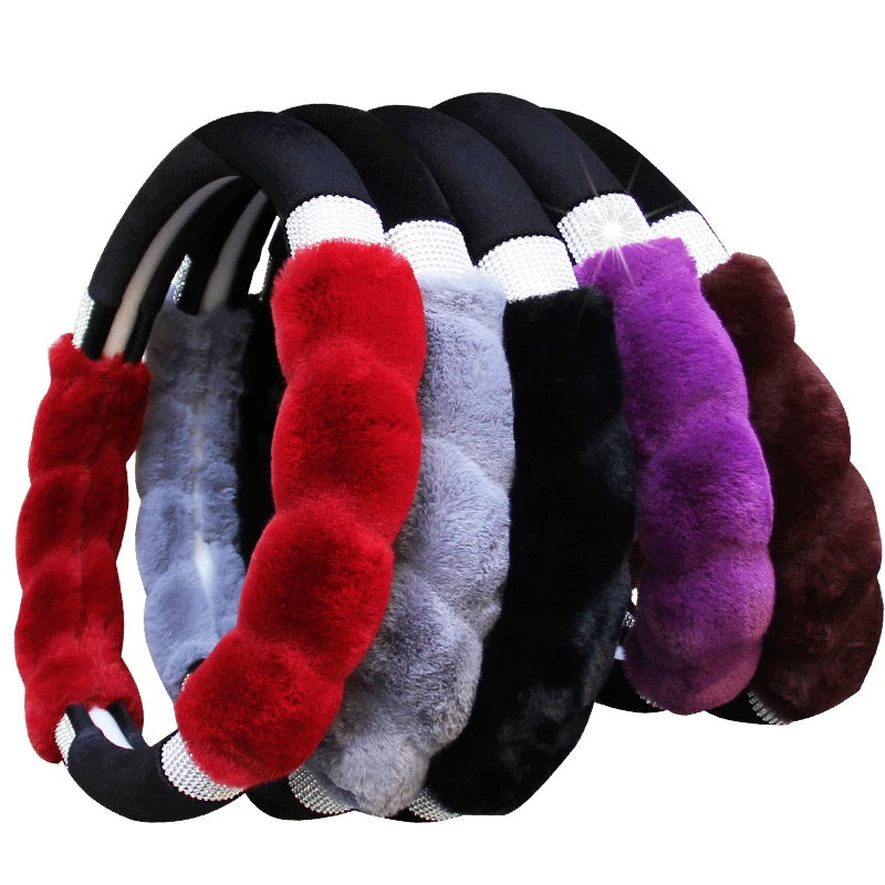 new arrival fancy plush winter warm coldproof universal fur bling rhinestone diamond car women steering wheel cover for