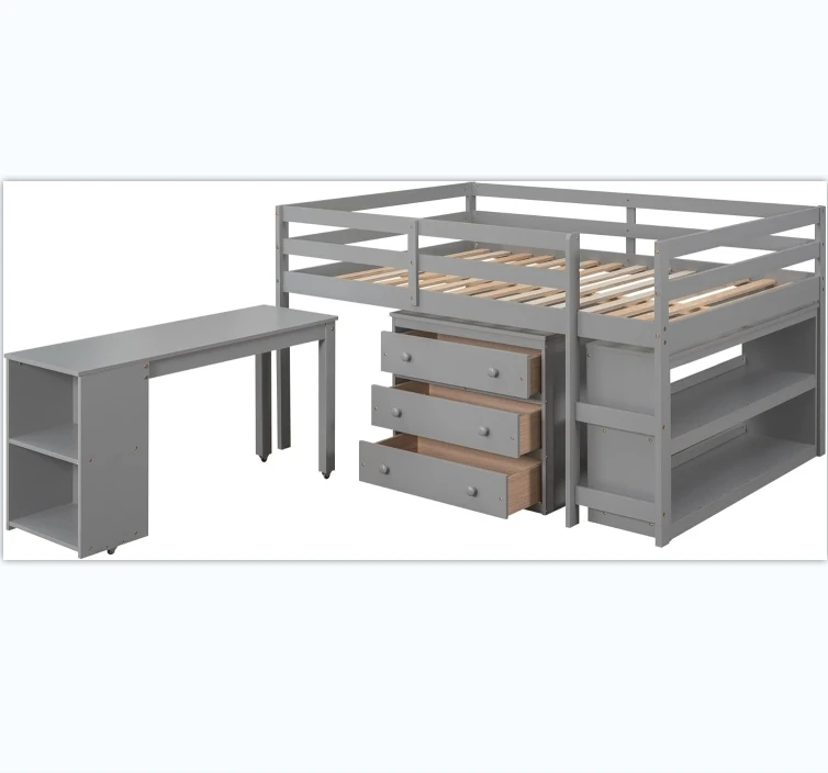 Multifunctional Twin Size Loft Bed with Double Tiers Low Study Kids Loft Bed with Storage Bookcases Cabinet Made of Wood