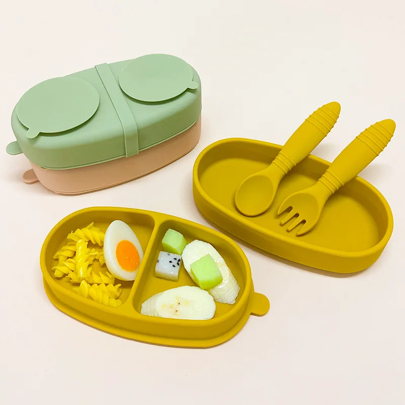 Anti-Slip Silicone Baby Feed Training Bowl Tray with Cutlery, Food Divider Taste Suction Plate with Spoon Fork For Travel