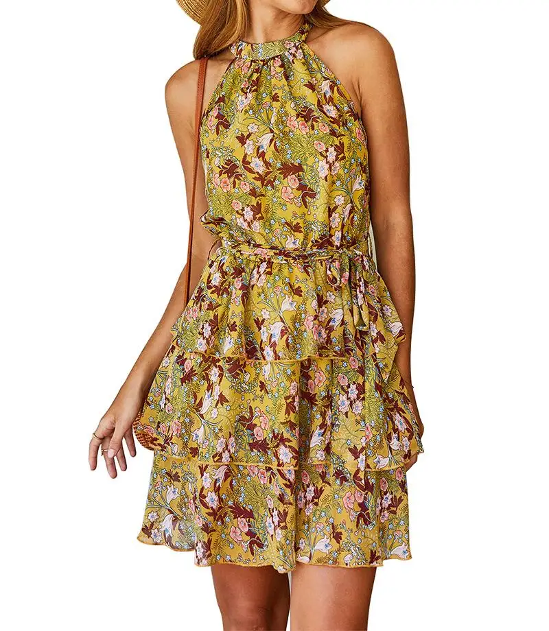 Wholesale Custom Fashion New Boho Style Dress Floral  Printing Sexy Summer Sleeveless Casual Women Dresses In Stock