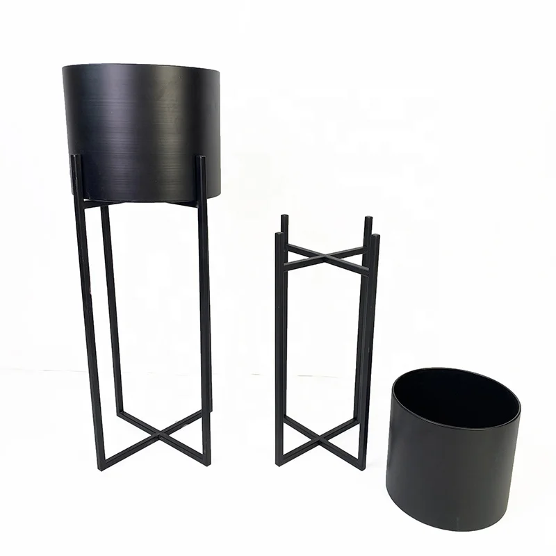 Lander Set of 2 modern minimalist industrial Black Metal Plant Stands with Pots Indoor Outdoor Decorative Metal Flower Pots