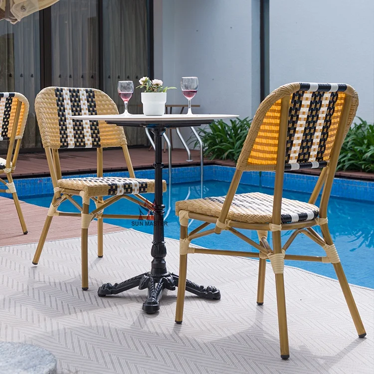 Modern Outdoor Furniture Garden Aluminum Rattan Wicker Stackable Chairs  Balcony French Cafe Bistro Bamboo Chair And Table Set