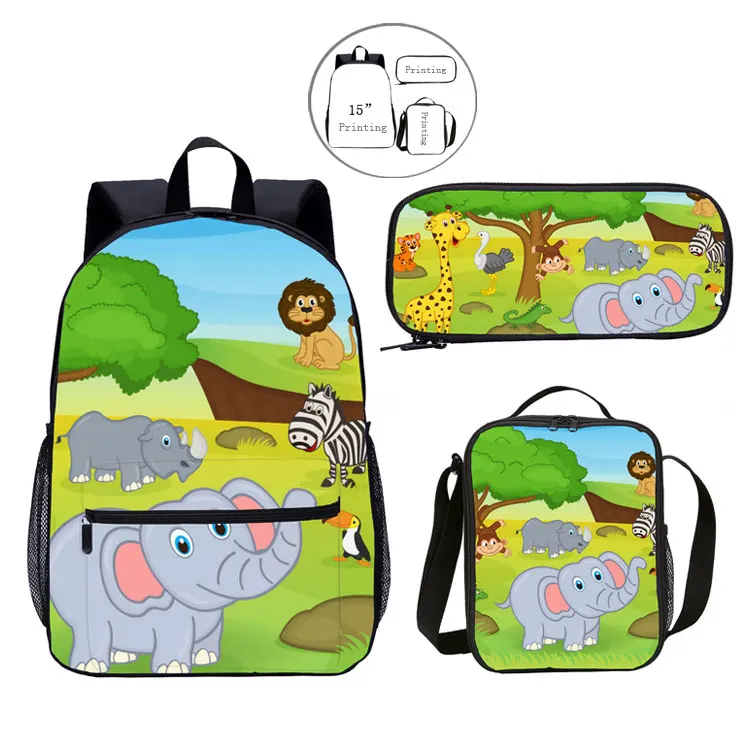 LOW MOQ 3 set wholesale book bags with lunch bag, 3pcs set custom cartoon kids school bag set backpack