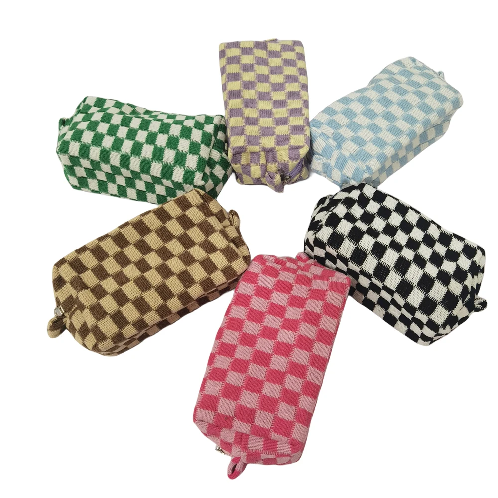 Latest Knitted Makeup Bag Pink Canvas Travel Toiletry Organizer Cute Makeup Brushes Accessories Storage Bag for Women