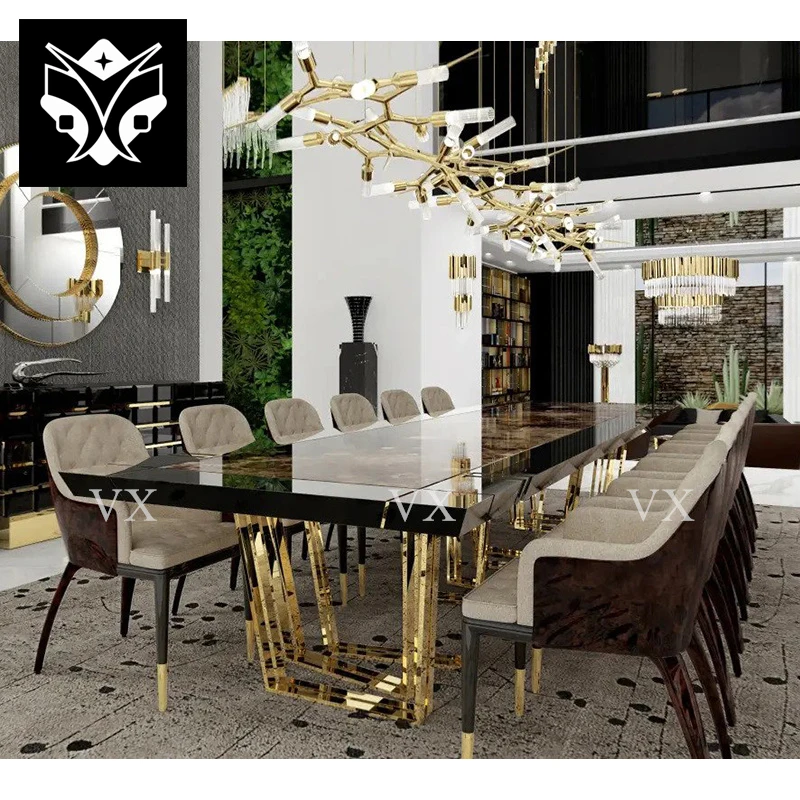 Elegant Design Golden Stainless Steel Leg Italian Luxury Marble Top 12 Seater Dining Table Set Modern Dining Room Furniture